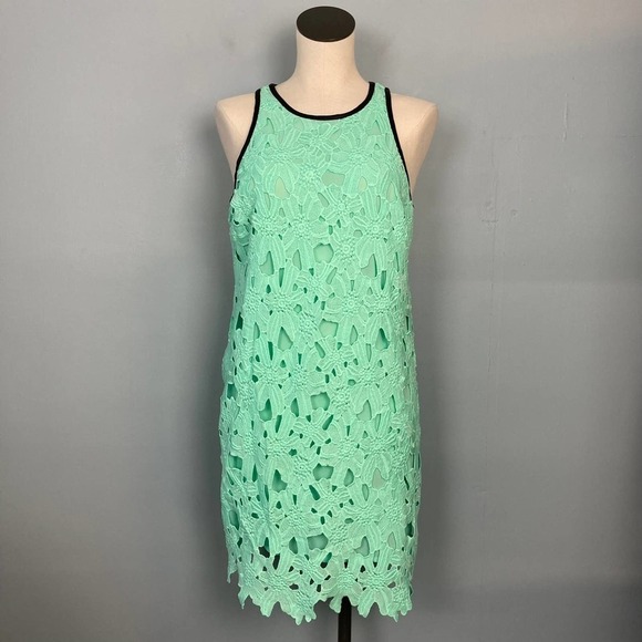 BAR III Manila Sheath Dress Garden Mint Lace Overlay Vegan Leather Trim Size M - Picture 1 of 11